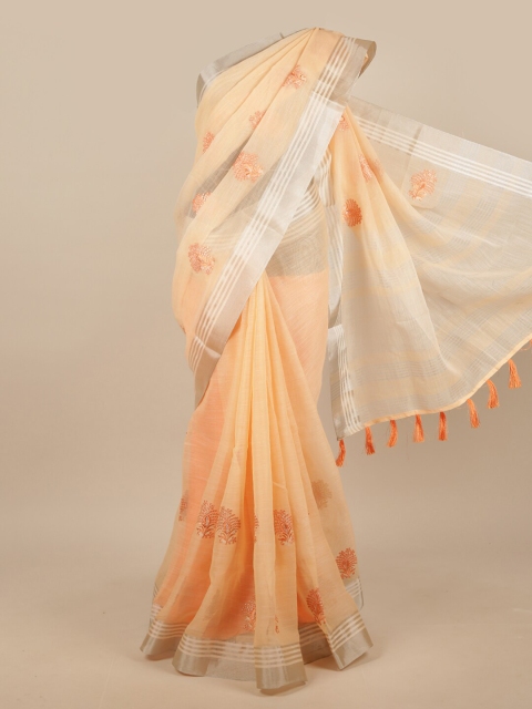 

Pothys Peach-Coloured & White Embroidered Linen Blend Saree