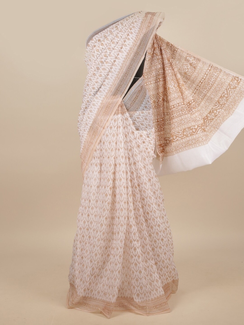 

Pothys White & Tan Floral Printed Chanderi Saree