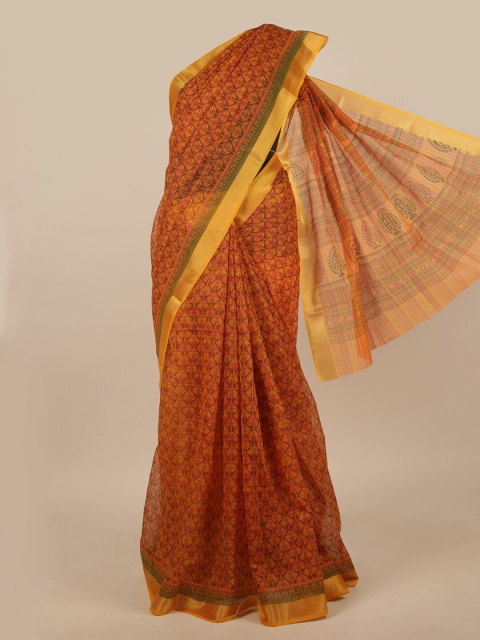 

Pothys Orange & Green Floral Chanderi Saree