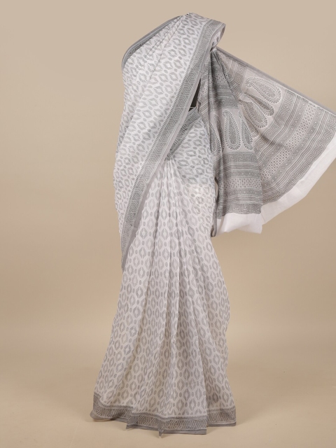 

Pothys White & Grey Floral Chanderi Saree