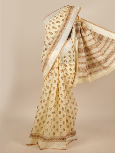 

Pothys Cream-Coloured & Brown Floral Chanderi Saree