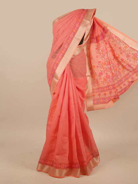 

Pothys Peach-Coloured & Pink Floral Chanderi Saree