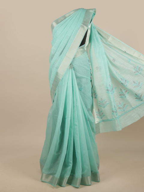 

Pothys Blue & Silver-Toned Embroidred Chanderi Saree