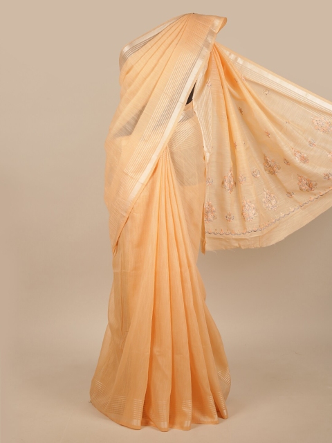 

Pothys Peach-Coloured & Silver-Toned Floral Saree