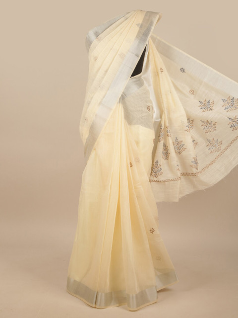 

Pothys Cream-Coloured & Silver-Toned Ethnic Motifs Saree