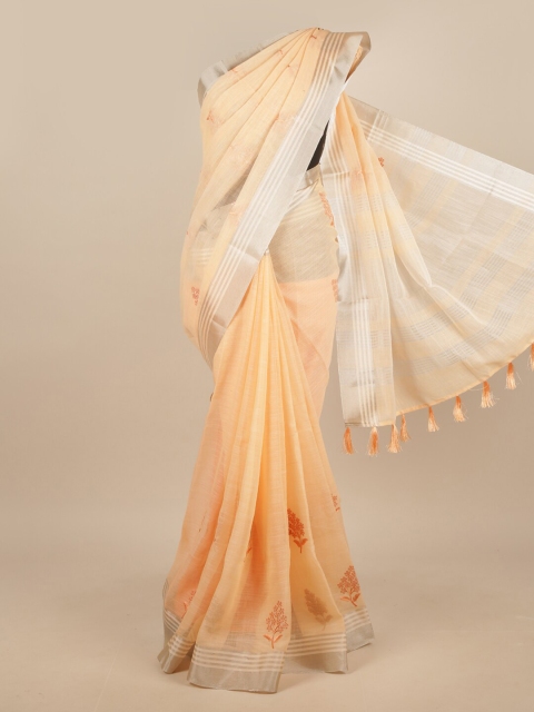 

Pothys Peach-Coloured & Silver-Toned Floral Linen Blend Saree
