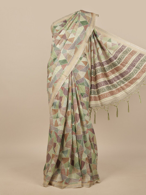 

Pothys Green & Cream-Coloured Linen Blend Saree