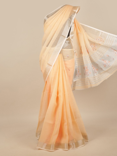 

Pothys Peach-Coloured & Silver-Toned Floral Zari Linen Blend Saree