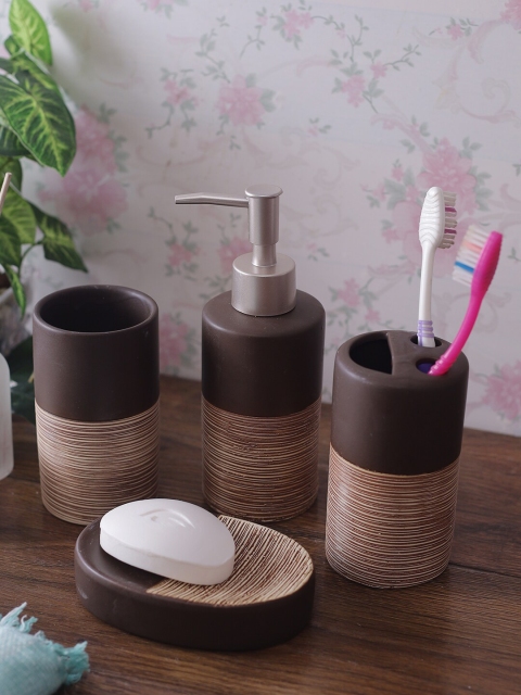 

OBSESSIONS Set Of 4 Brown & Beige Textured Bathroom Accessories