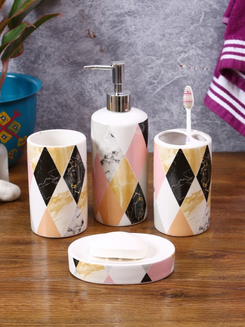

House Of Accessories Set Of 4 White & Pink Printed Bathroom Accessories