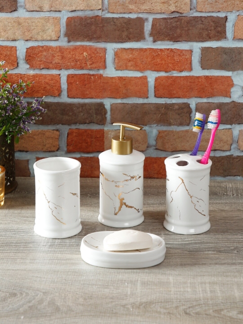 

House Of Accessories Set Of 4 Cream-Toned & Gold-Toned Textured Bathroom Accessories, White