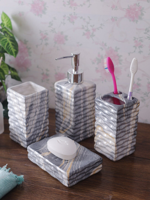 

House Of Accessories Set of 4 Grey Textured Ceramic Bathroom Accessories