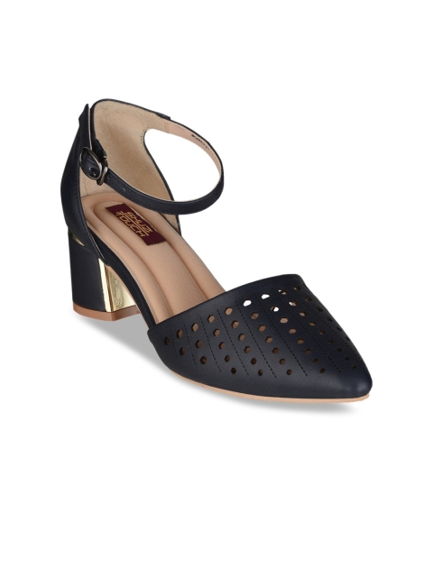 

SHUZ TOUCH Navy Blue Block Pumps with Laser Cuts