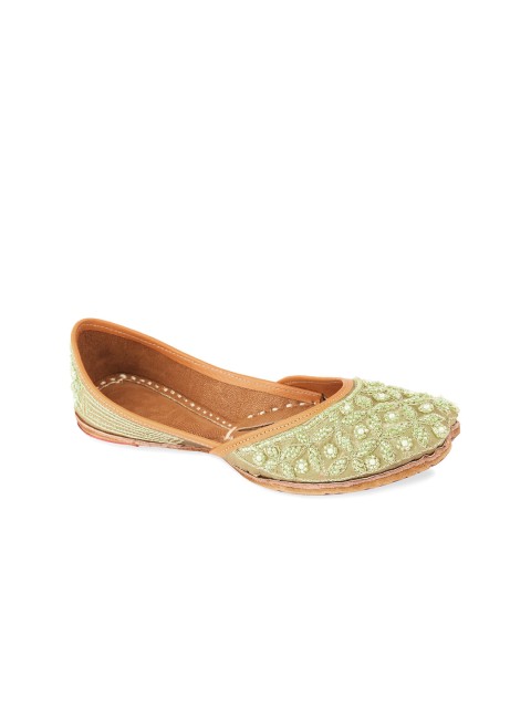 

DESI COLOUR Women Green Embellished Leather Ethnic Mojaris Flats