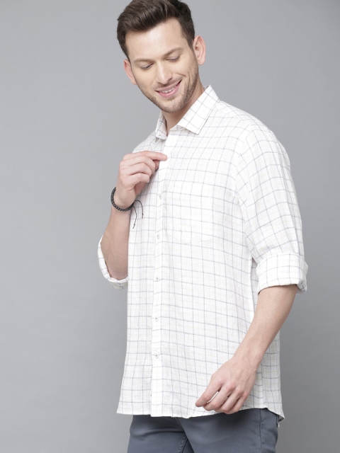 

Linen Club Men White Grid Tattersall Checks Opaque Checked Linen Casual Shirt