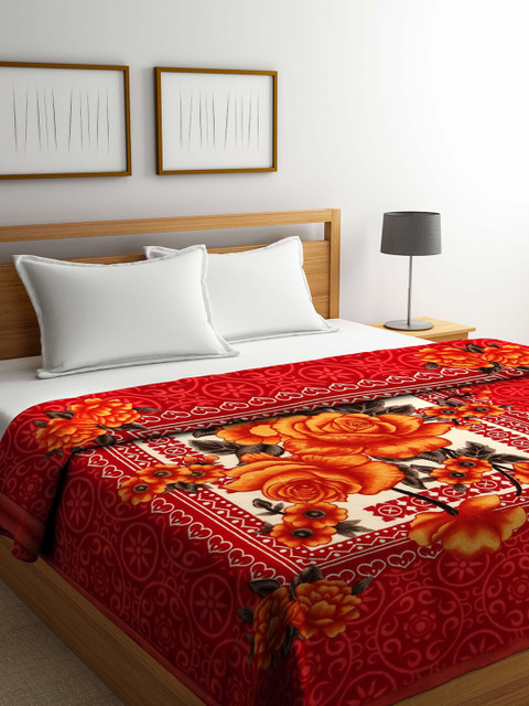 

Arrabi Red Floral Printed Mild Winter 210 GSM Double Bed Blanket