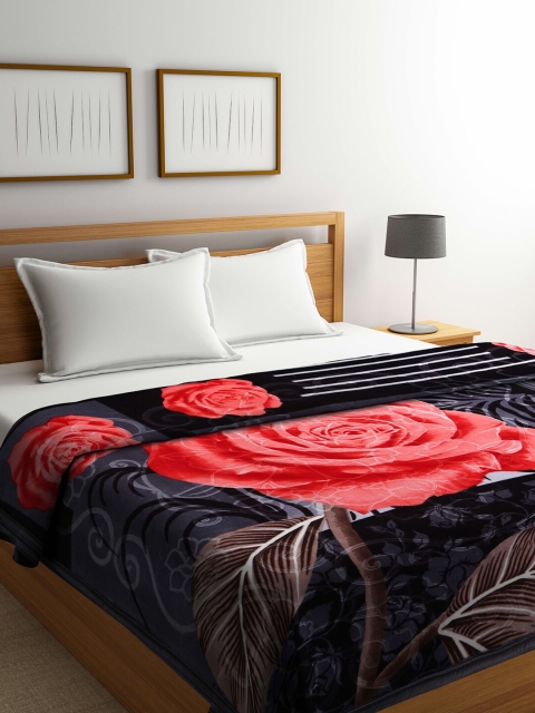 

Arrabi Black Floral Printed Mild Winter 210 GSM Double Bed Blanket