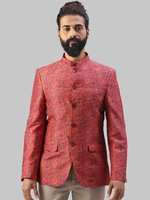 

Raymond Men Marron Self-Design Silk Bandhgala Blazer, Maroon