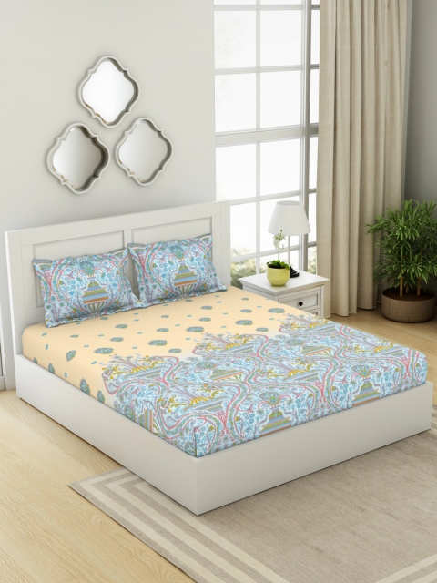 

SPACES Yellow & Blue Floral 210 TC Pure Cotton King Bedsheet with 2 Pillow Covers