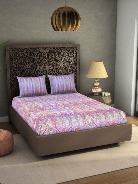 

SPACES Rangana Nalgona Violet & Pink Ethnic Motifs 300 TC Pure Cotton King Bedsheet with 2 Pillow Covers