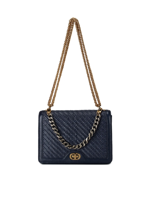 

Da Milano Navy Blue Textured Leather Structured Shoulder Bag With Quilted