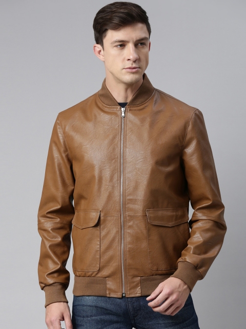 

MONOCHROME Men Tan Solid Leather Lightweight Biker Jacket