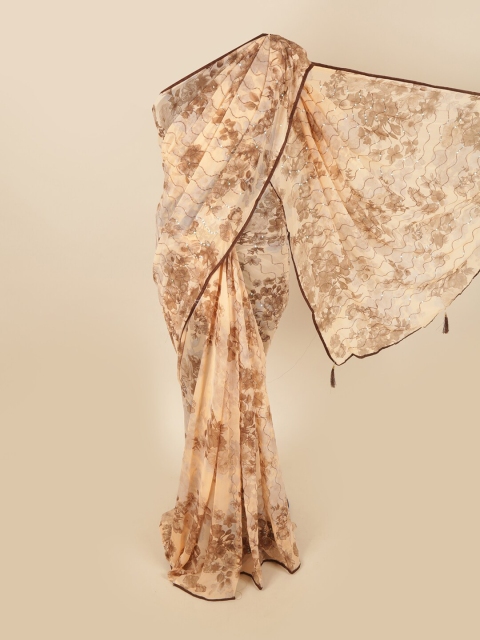 

Pothys Peach-Coloured & Brown Floral Sequinned Saree