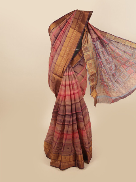 

Pothys Brown & Pink Checked Saree