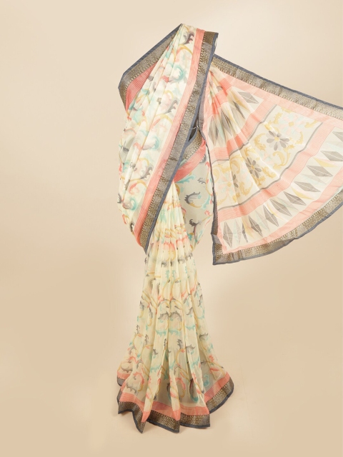 

Pothys Cream-Coloured & Blue Ethnic Motifs Saree