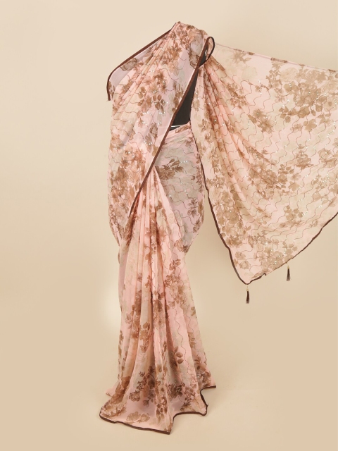 

Pothys Peach-Coloured & Brown Floral Sequinned Saree