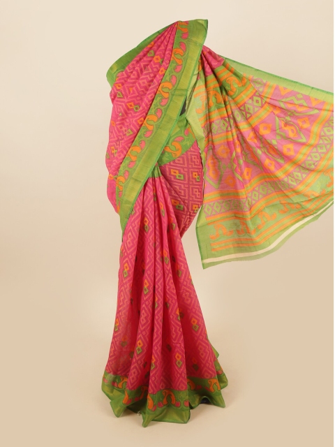 

Pothys Pink & Green Geometric Printed Zari Saree
