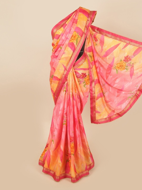 

Pothys Pink & Yellow Floral Beads and Stones Saree