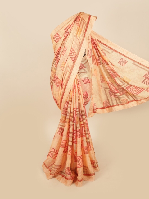

Pothys Peach-Coloured & Red Poly Chiffon Geometric Printed Saree