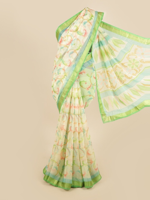 

Pothys Cream-Coloured & Green Poly Chiffon Floral Printed Saree, White