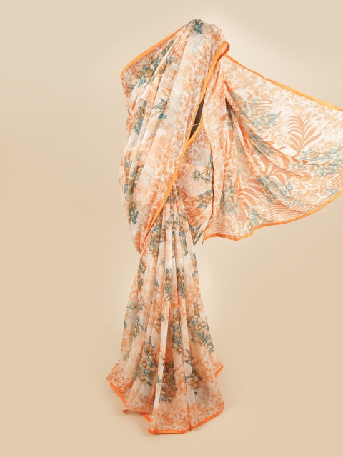 

Pothys Peach-Coloured & Blue Poly Chiffon Floral Printed Saree