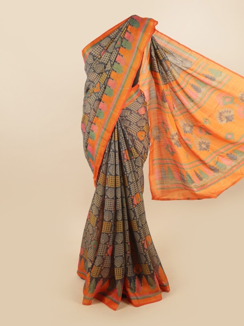 

Pothys Grey & Orange Poly Chiffon Geometric Printed Saree
