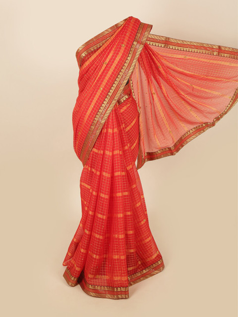 

Pothys Red Poly Chiffon Striped & Embellished Saree
