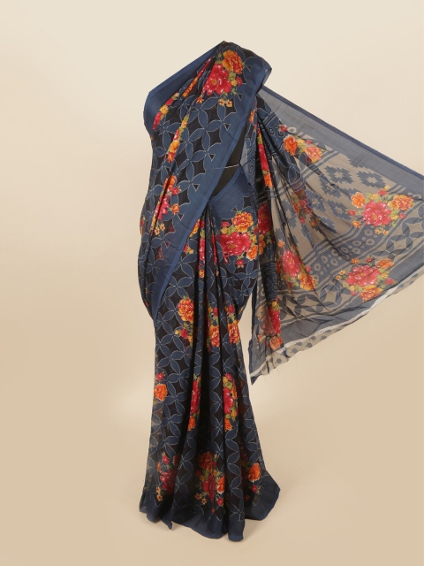 

Pothys Navy Blue & Orange Poly Chiffon Floral Printed Saree