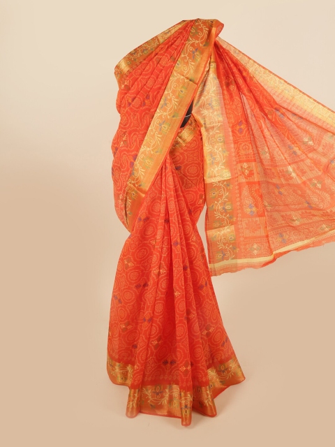 

Pothys Orange & Gold-Toned Poly Chiffon Floral Printed Saree