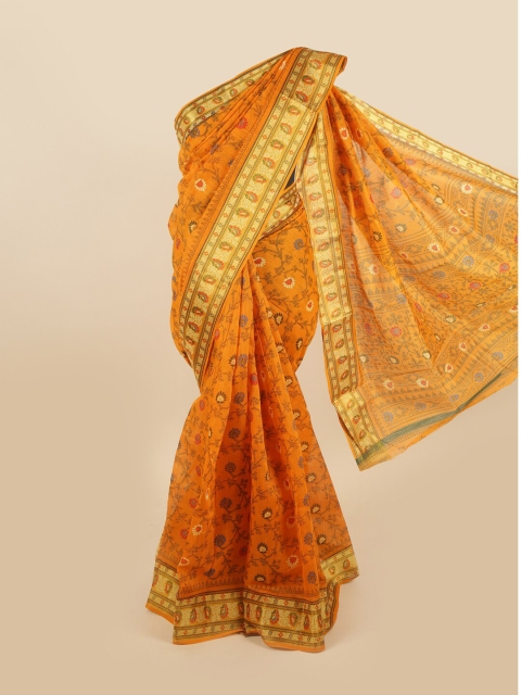 

Pothys Mustard & Gold-Toned Poly Chiffon Floral Printed Saree