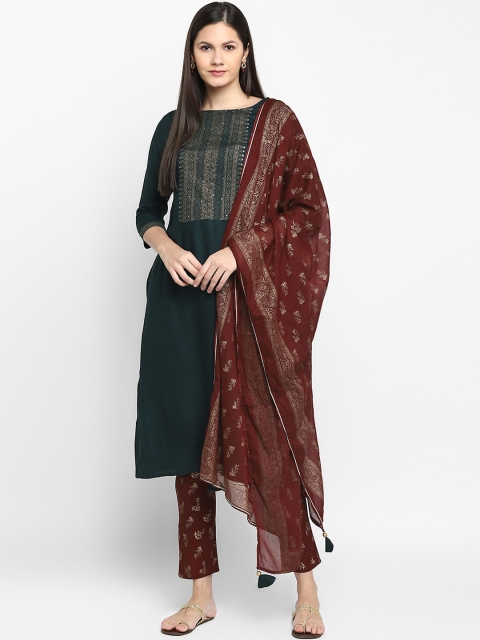 

CHRISTEENA Women Green & Brown Ethnic Motifs Yoke Design Kurta with Trousers & Dupatta