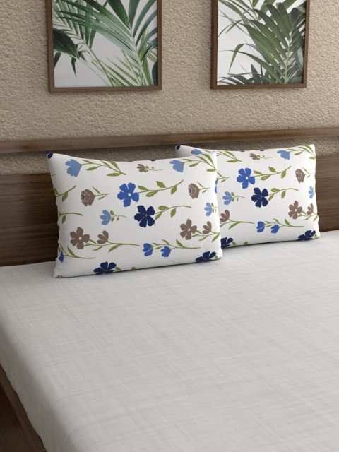 

Dreamscape Set Of 2 White & Blue Printed 144 TC Cotton Pillow Covers