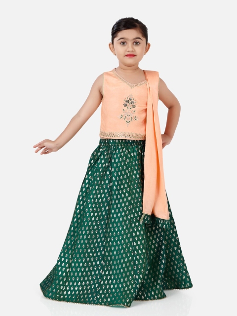 

Ashneeta Girls Coral & Green Embroidered Ready To Wear Lehenga Choli With Dupatta