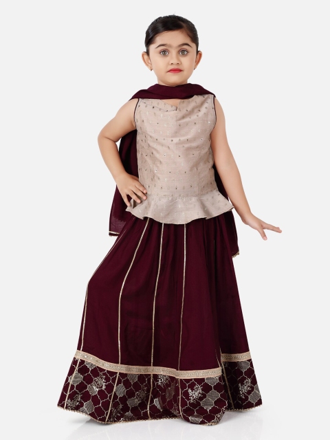 

Ashneeta Girls Beige & Maroon Embroidered Ready To Wear Lehenga Choli With Dupatta