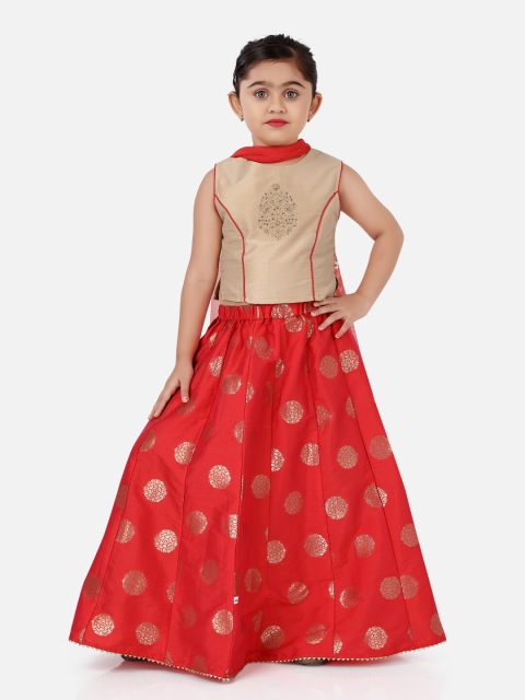 

Ashneeta Girls Beige & Red Embroidered Khari Ready To Wear Lehenga Choli With Dupatta