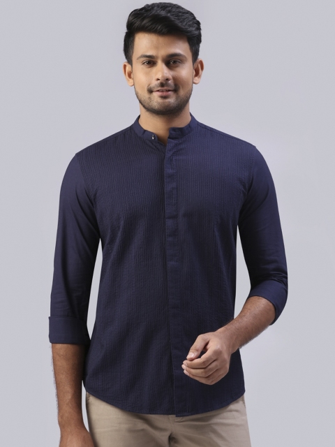 

Raymond Men Navy Blue Striped Textured Casual Shirt