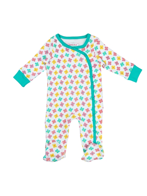 

Beebay Girls White & Sea Green Printed Sleepsuit