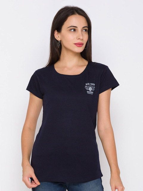 

ZOLA Women Navy Blue Pure Cotton T-shirt