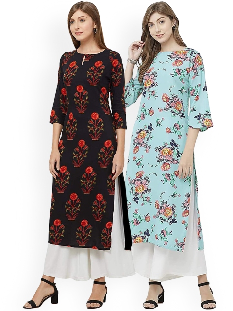 

KALINI Women Black & Blue Set Of 2 Floral Printed Crepe Kurta