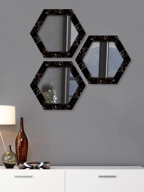

Art Street Set Of 3 Black Patterned Hexagon-Shaped Wall Mirror